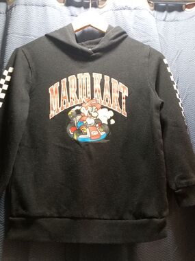 Mario Kart Black Kids Pullover Hoodie with Checker Sleeve Detail
